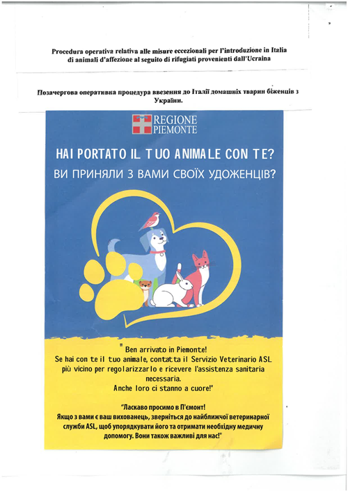 Procedura per l'introduzione in Italia di animali d'affezione al seguito di rifugiati provenienti dall'ucraina